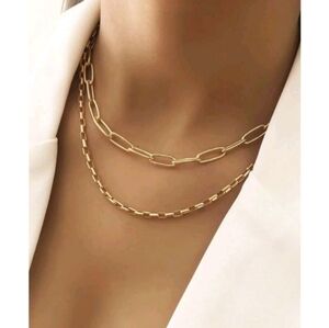 NEW! Anthropologie Trendy Paperclip Double Layered Chain Gold Necklace